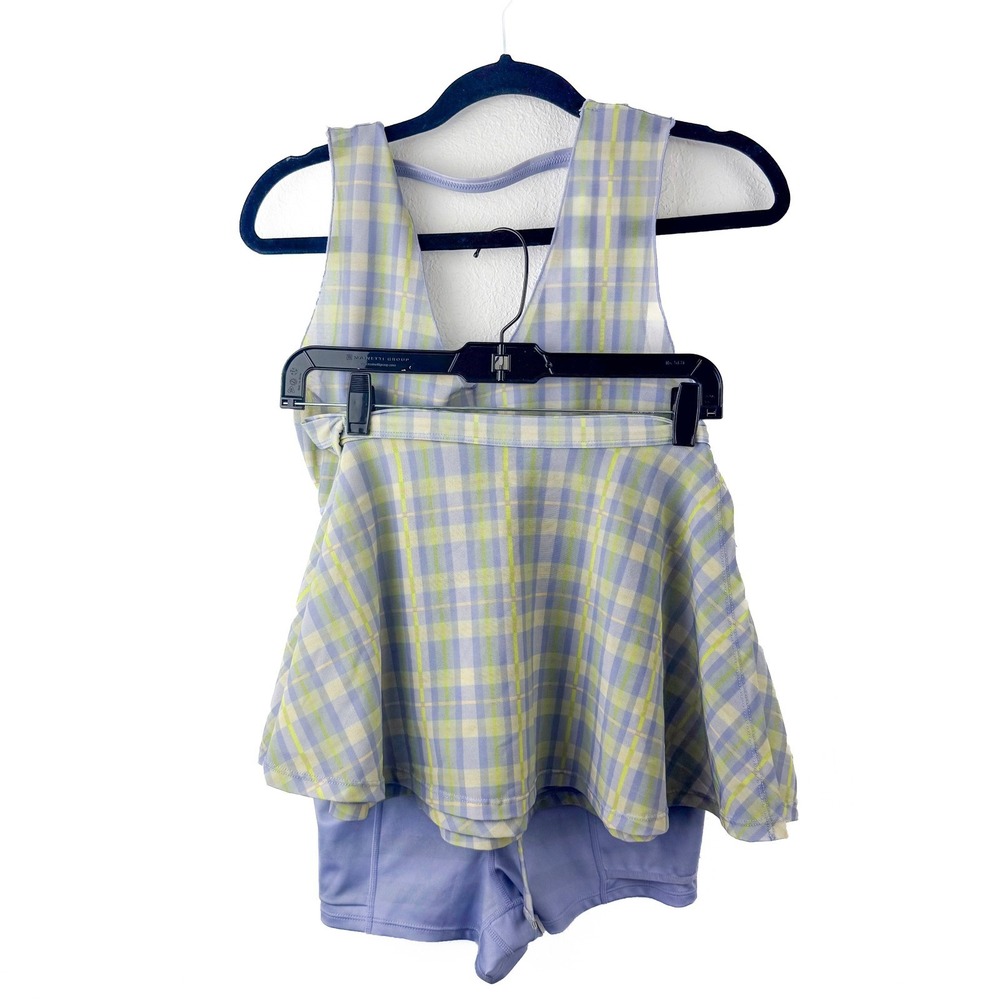 Free People Movement Womens Plaid Athletic Romper and Skirt Set Purple Lime S